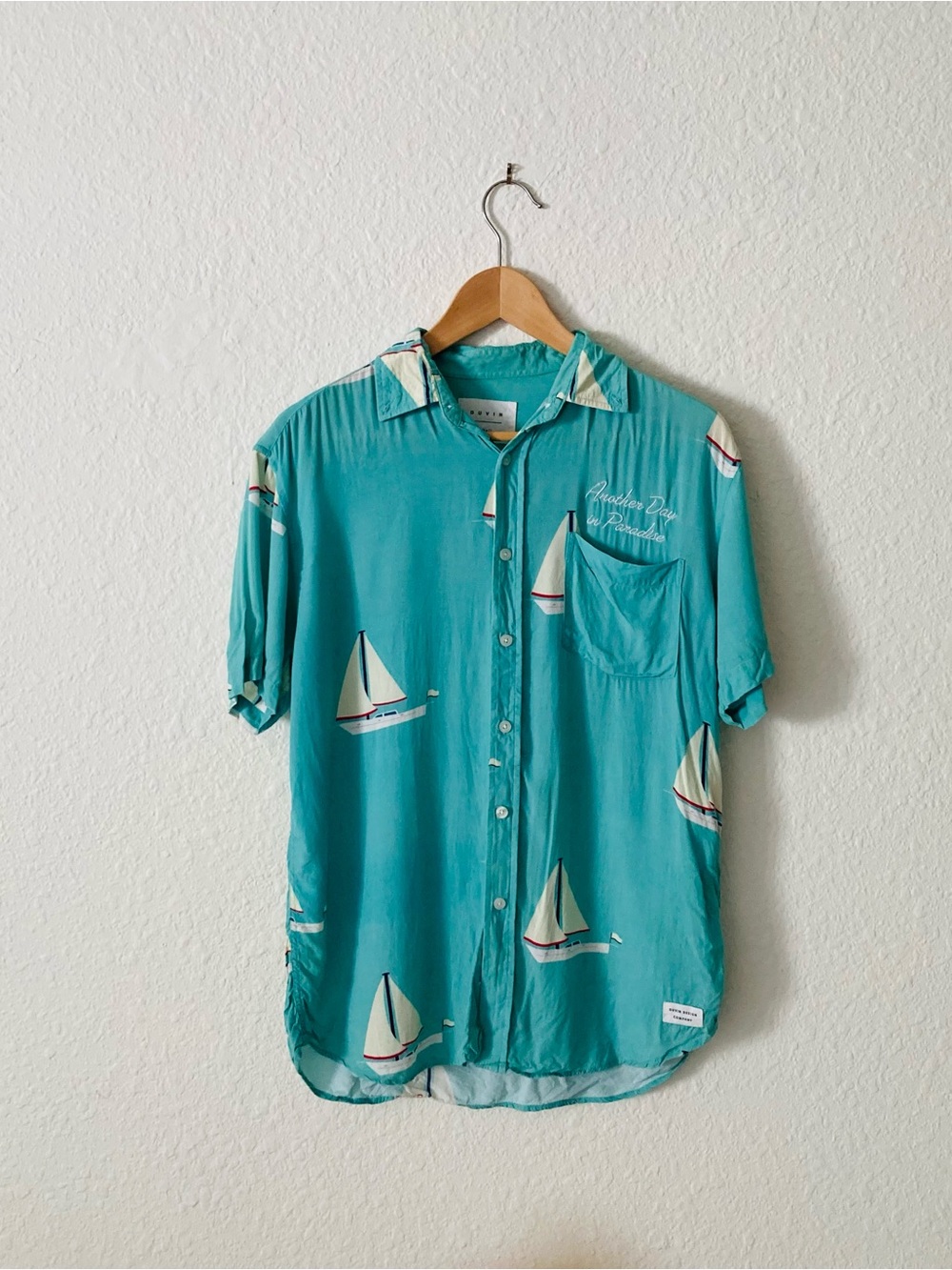 Duvin Retro Button Up in Teal with Sailboat Print